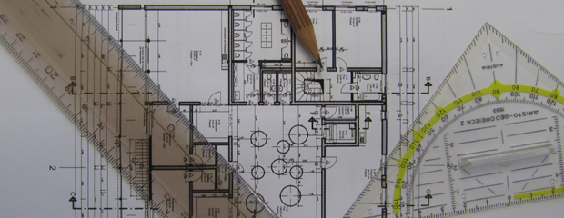 Bauplan, Lineal, Bleistift und Geodreieck