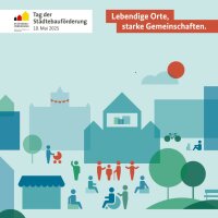 Keyvisual Tag der Städtebauförderung 2025: Stilistische Darstellung einer Stadt mit Gebäuden und Menschen in Grün-, Blau- und Rottönen. Oben links das Logo der Städtebauförderung mit Text "Tag der Städtebauförderung 10. Mai 2025", rechts oben der Claim "Lebendige Orte, starke Gemeinschaften."