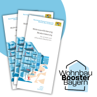 Die Grafik zeigt drei Exemplare des Flyers zur Wohnraumförderung Modernisierung. Daneben ist das Logo des Wohnbau Booster Bayern zu sehen.