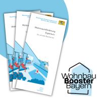 Die Grafik zeigt drei Exemplare des Flyers zur Wohnraumförderung Eigentum. Daneben ist das Logo des Wohnbau Booster Bayern zu sehen.